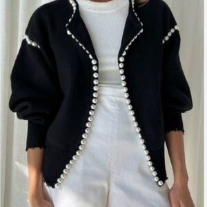 STYLEWE Black Pearl-Embellished Cardigan Sweater